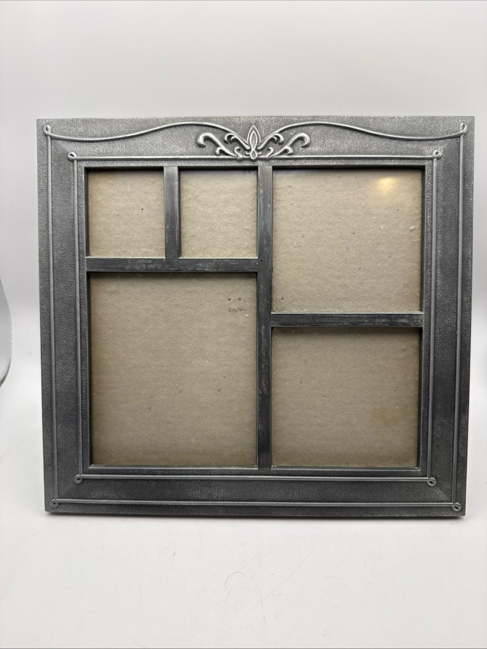 VTG Pewter Frame 9”x9.5” Hold 5 Photos 2- 2x 1.5 & 2- 2 3/8 x 1.75 1- 4x3 Scroll
